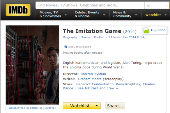 অ্যালান টুরিং নিয়ে তৈরী চলচিত্র 'The Imitation Game' ২০১৪ সালের নভেম্বরে মুক্তি পাচ্ছে।